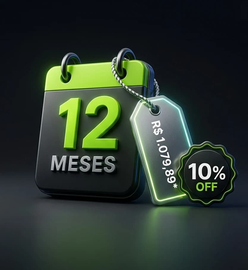 Calendário 3D de 12 meses com etiqueta de preço de R$ 1.079,89 e selo de 10% OFF